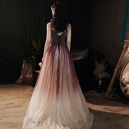 Burgundy Tulle Beads Long Prom Dress Evening Dress