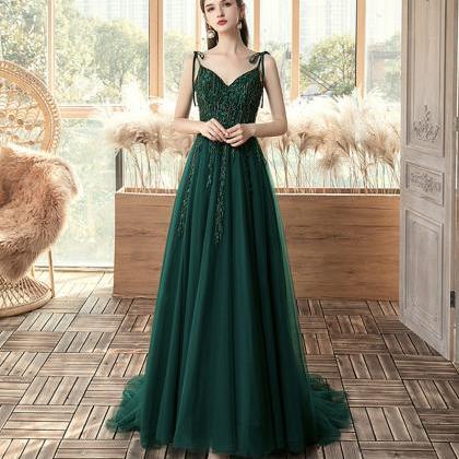 Green Tulle Lace Long Prom Dress Evening Dress