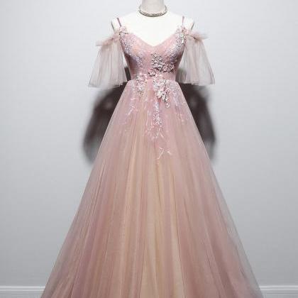 Pink V Neck Tulle Long Prom Dress Pink Evening..