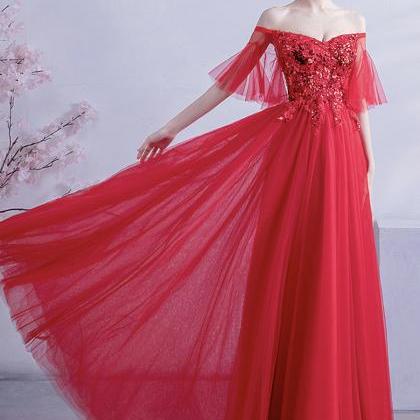 Red Tulle Sequins Long Prom Dress Evening Dress