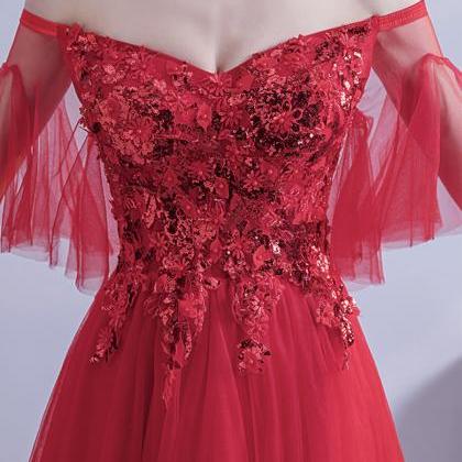 Red Tulle Sequins Long Prom Dress Evening Dress