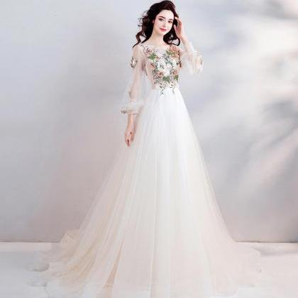Light Champagne Tulle Lace Long Prom Dress Evening..