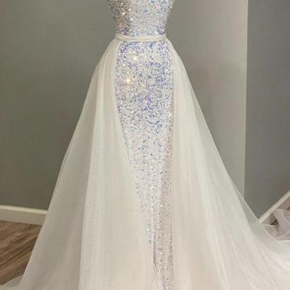 White Sequins Tulle Long Prom Dress Evening Dress