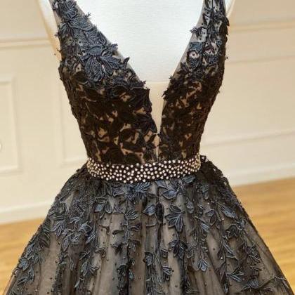 Black V Neck Lace Long Prom Dress A Line Evening..