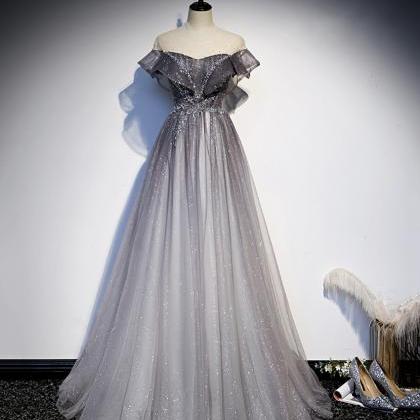 Gray Tulle Sequins Long Prom Dress Evening Dress