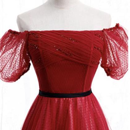 Red Off The Shoulder Mesh Sleeves Tulle Long Prom..