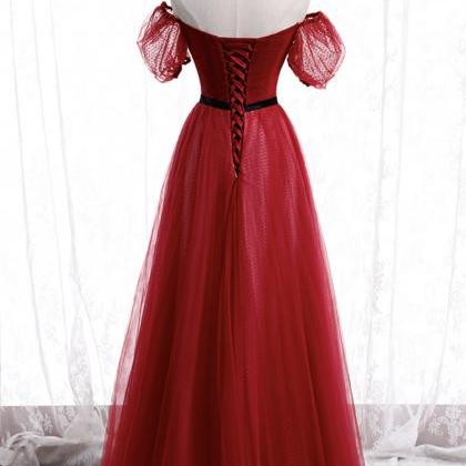 Red Off The Shoulder Mesh Sleeves Tulle Long Prom..