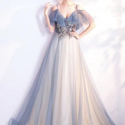 Blue Tulle Lace Long Prom Dress Evening Dress