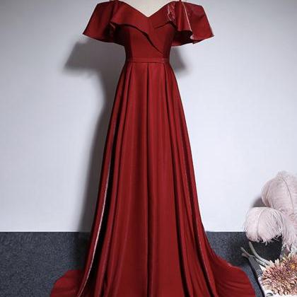 Burgundy Satin Long Prom Dress Black Evening Dress