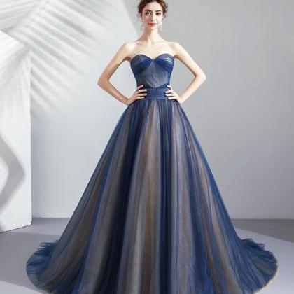 Blue Tulle Long Prom Dress Blue Evening Dress