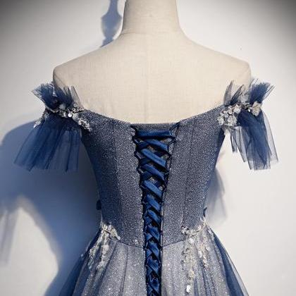 Dream Strapless Blue Tulle Sequins Evening Dress,Long Formal Prom Dress Y8379 main image 0