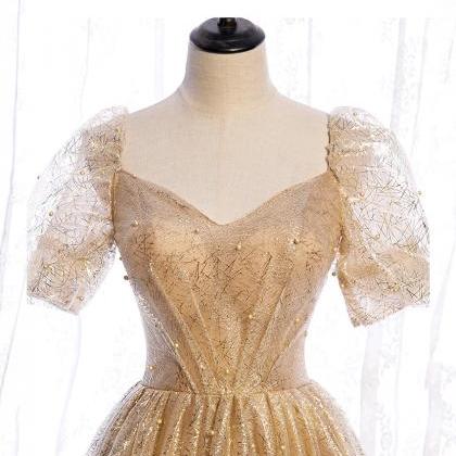 Gold Tulle Sequins Long Prom Dress Evening Dress