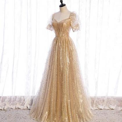 Gold Tulle Sequins Long Prom Dress Evening Dress