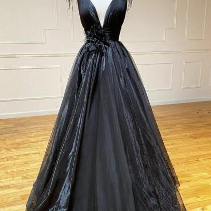 Blue V Neck Tulle Long Prom Dress Black Evening..
