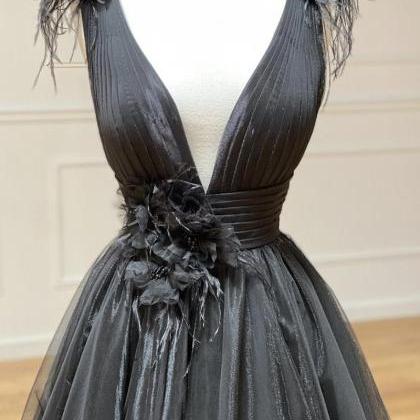 Blue V Neck Tulle Long Prom Dress Black Evening..