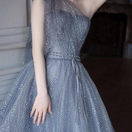 Blue Tulle Sequins Long Prom Dress One Shoulder..