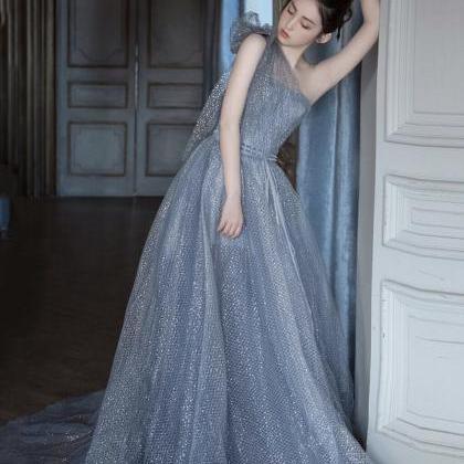 Blue Tulle Sequins Long Prom Dress One Shoulder..