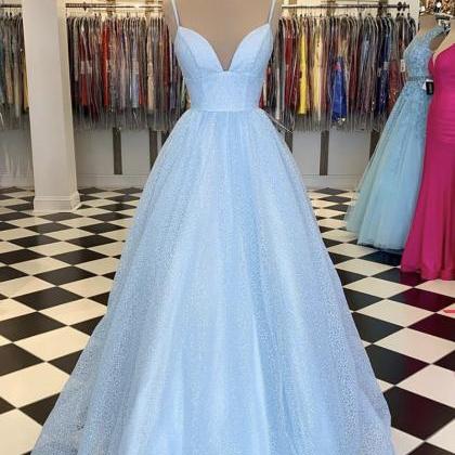Blue V Neck Tulle Sequin Ball Gown Dress Formal..