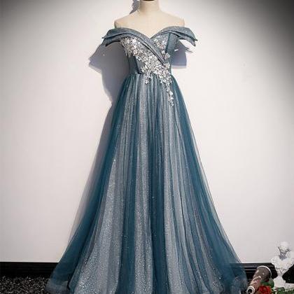 Blue Tulle Lace Long Prom Dress Off Shoulder..