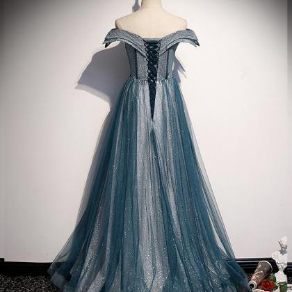 Blue Tulle Lace Long Prom Dress Off Shoulder..