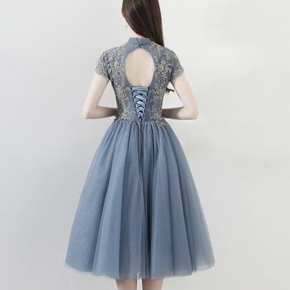 Blue Lace Short Prom Dress A Line Homecoming Dress