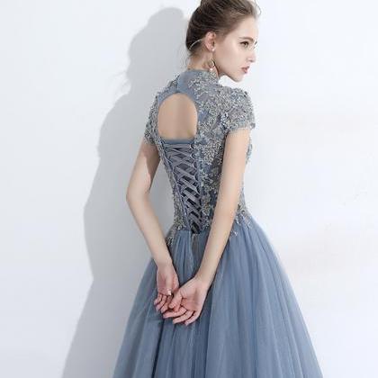 Blue lace long prom dress A line ev..