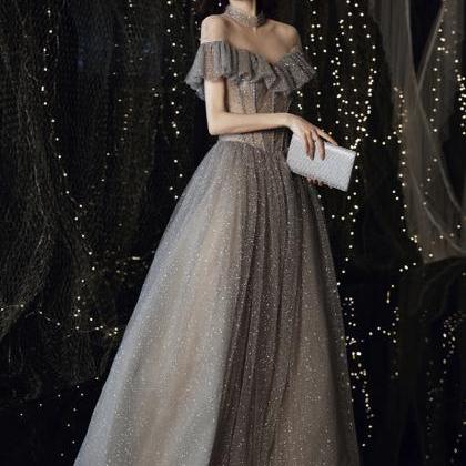 Gray Tulle Sequins Long Ball Gown Dress Formal..