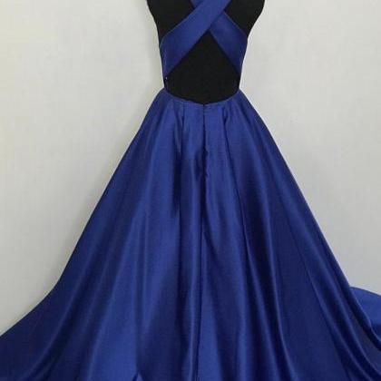 Blue V Neck Satin Long Prom Dress Blue Evening..