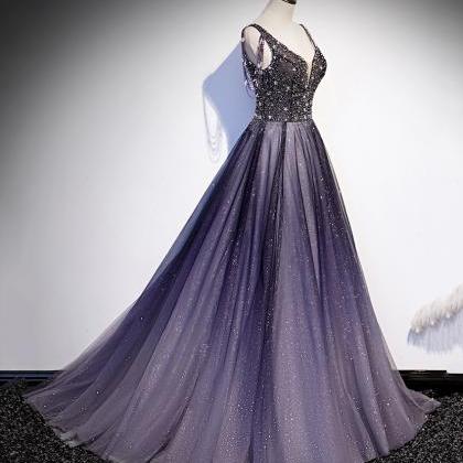 Dream Evening Dress Elegant Purple Tulle Evening Dresses V-Neck Long Sleeve Dresses Y5028