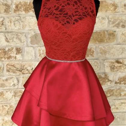 Red Lace Satin Short Prom Dress Homecoming Dress