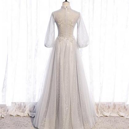 Gray Tulle Lace Long Prom Dress Long Sleeve..