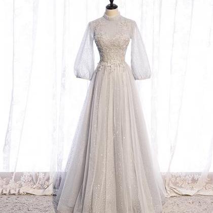 Gray Tulle Lace Long Prom Dress Long Sleeve..