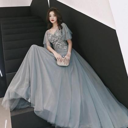 Grey V Neck Tulle Lace Long Prom Dress Evening..