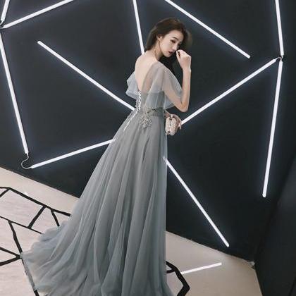Grey V Neck Tulle Lace Long Prom Dress Evening..