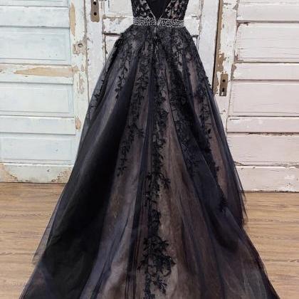Sparkly Black V Neck Tulle Tiered Long Prom Dress Evening Gown,DP1755
