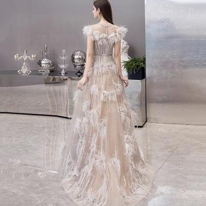 Unique Tulle Beads Long Prom Dress Evening Dress