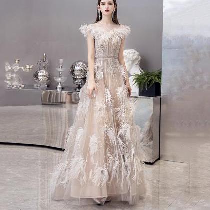 Unique Tulle Beads Long Prom Dress Evening Dress