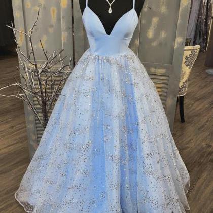 Blue V Neck Tulle Sequins Long Prom Dress Evening..