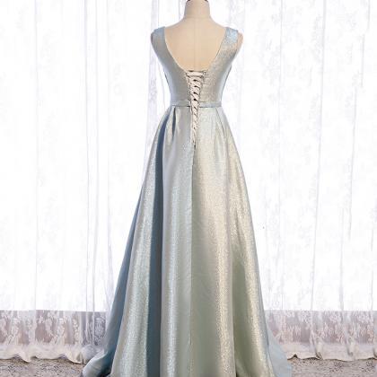 Chic A Line V Neck Satin Hollow Without Sleeves Long Prom Dress, Evening Dress C6690