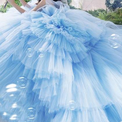 Amazing Tulle Long Prom Dress Blue Evening Dress