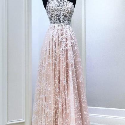 Pink Tulle Lace Long Prom Dress One Shoulder..
