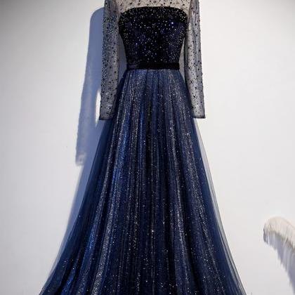 Elegant Tulle Sequins Long Prom Dress Blue Evening..