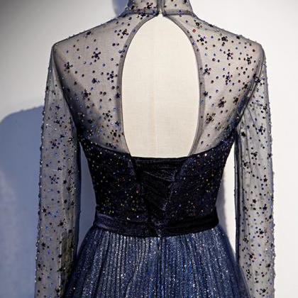 Elegant Tulle Sequins Long Prom Dress Blue Evening..