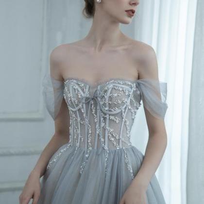 Grey Tulle Beads Long Prom Dress Evening Dress