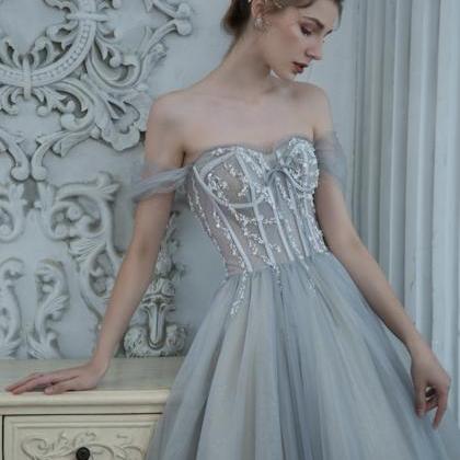 Grey Tulle Beads Long Prom Dress Evening Dress
