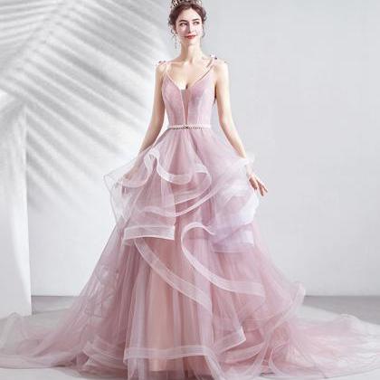 Pink V Neck Tulle Long Ball Gown Dress Formal..