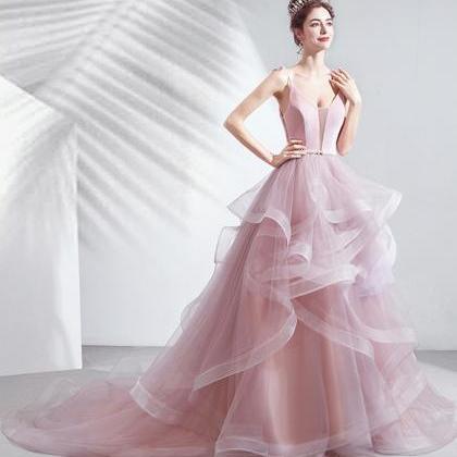 Pink V Neck Tulle Long Ball Gown Dress Formal..