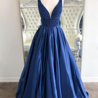 Blue Satin Long A Line Prom Dress Evening Dress