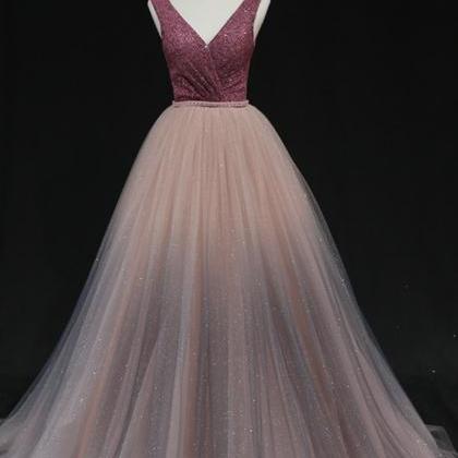 Shiny A Line Tulle Long Prom Gown Formal Dress
