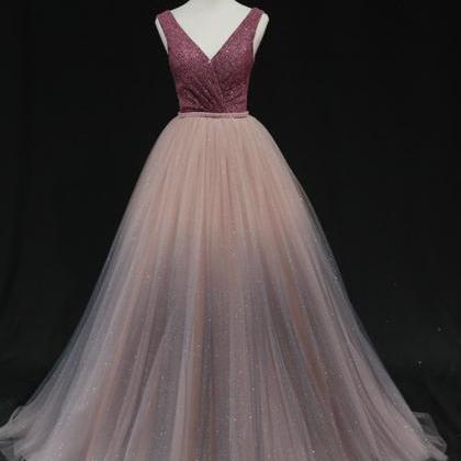 Shiny A Line Tulle Long Prom Gown Formal Dress